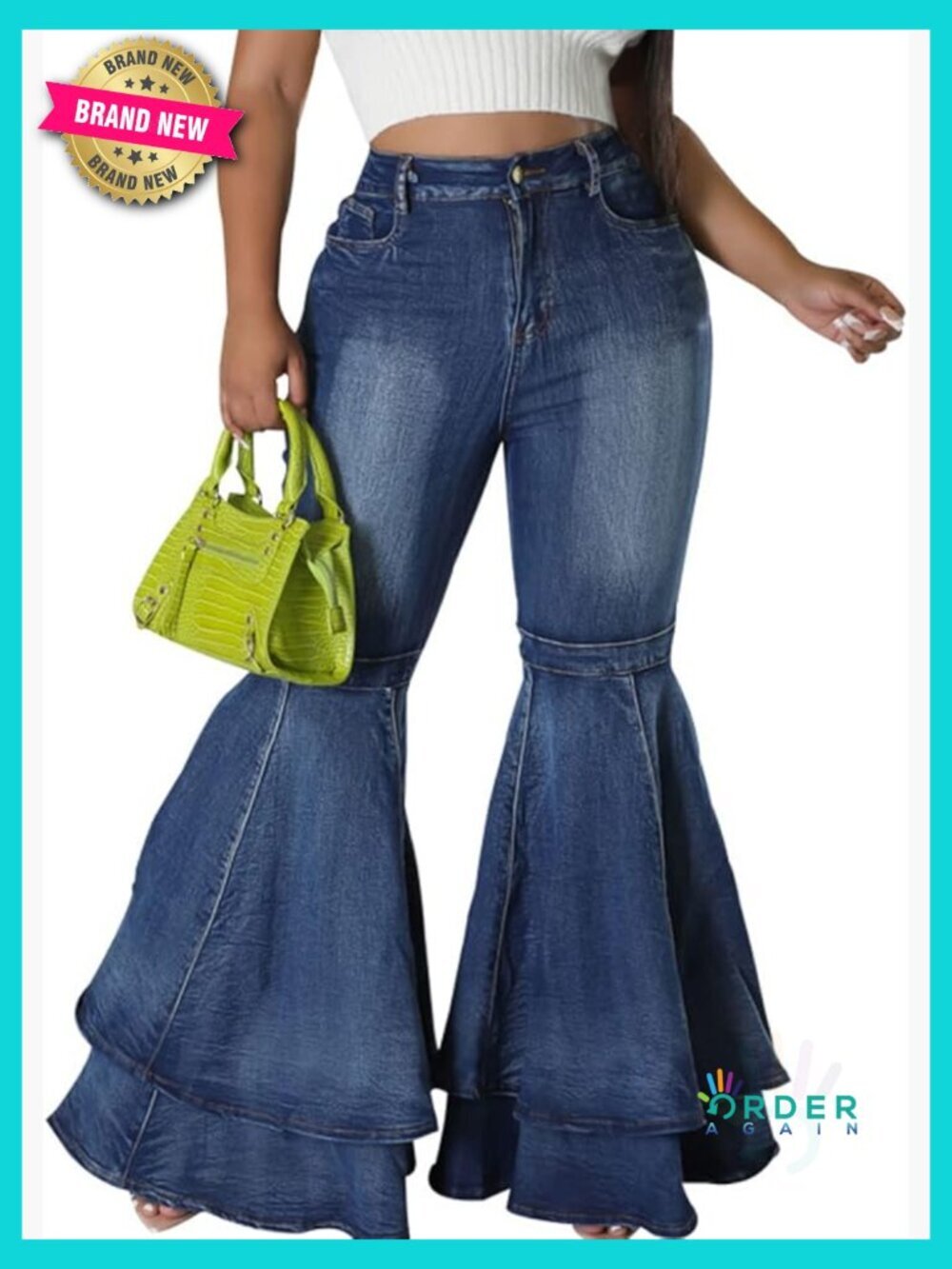 Bell Bottom Jeans High Waisted Pleated Ruffle Hem Flared Wide Leg Denim Pants